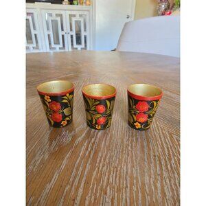 Vintage Hand-Painted Floral Wooden Shot Glasses Set Of 3